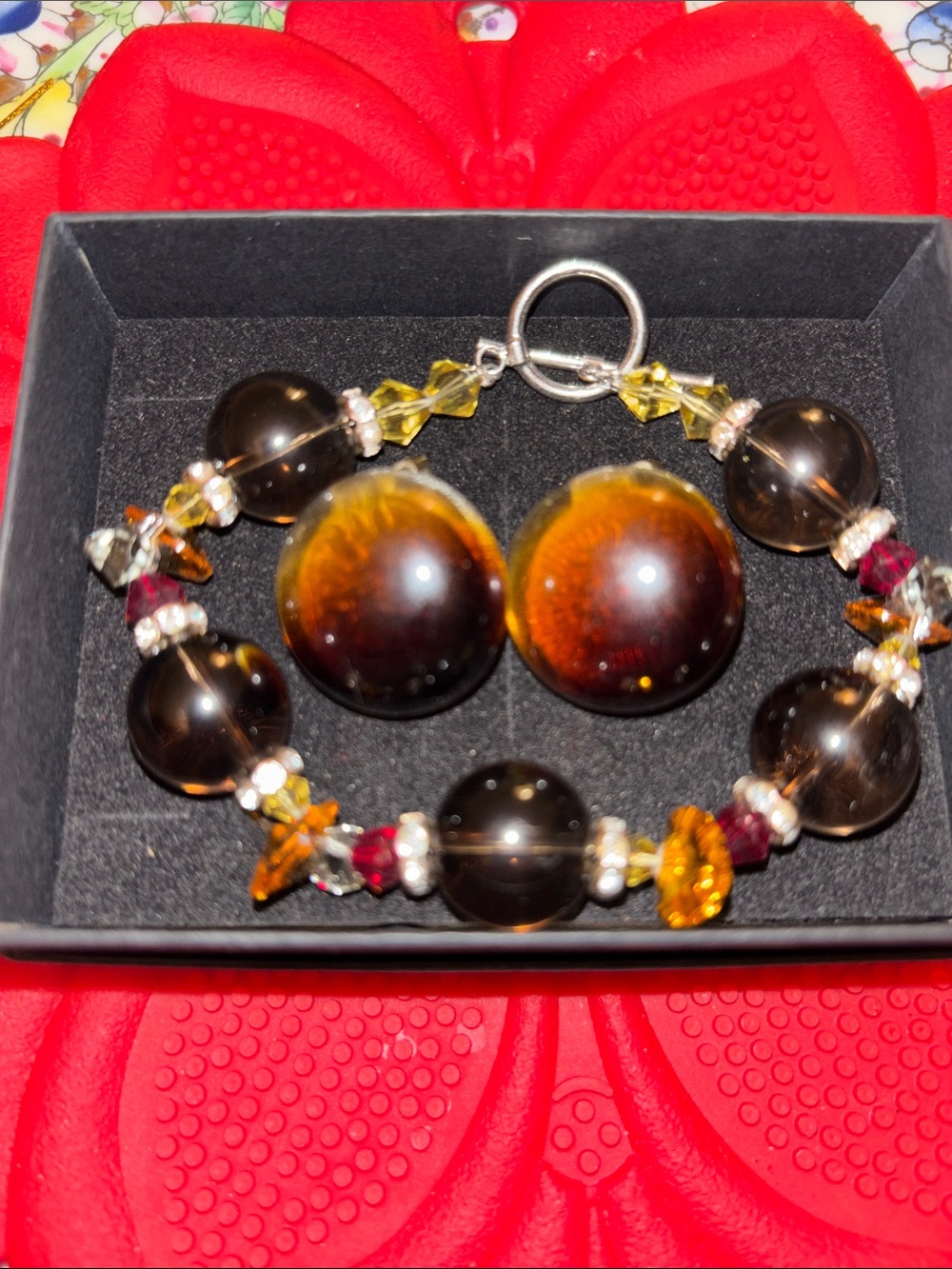 Brown and Amber Bead Bracelet and Clip-On Earrings Set